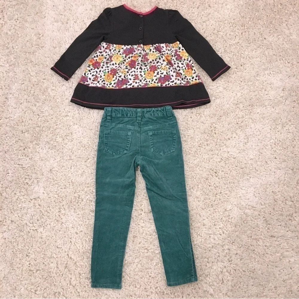 Bundle 2 Pcs Set Little Girls Floral Long sleeve  top and Green Velvet Pant